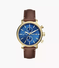 Cargar imagen en el visor de la galería, Reloj para hombre multifunción, esfera azul y correa de cuero marrón. Caja dorada de 43 mm.
