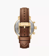 Cargar imagen en el visor de la galería, Reloj para hombre multifunción, esfera verde y correa de cuero marrón. Caja dorada de 43 mm.