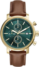 Cargar imagen en el visor de la galería, Reloj para hombre multifunción, esfera verde y correa de cuero marrón. Caja dorada de 43 mm.