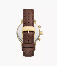 Cargar imagen en el visor de la galería, Reloj para hombre multifunción, esfera azul y correa de cuero marrón. Caja dorada de 43 mm.
