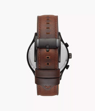Cargar imagen en el visor de la galería, Reloj multifunción para hombre, color negro acero inoxidable y manilla de cuero marrón, case grande 44mm.