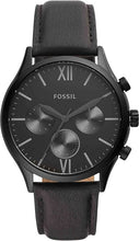 Cargar imagen en el visor de la galería, Reloj para hombre multifunción, esfera negra y correa de cuero negro. Caja de acero inoxidable negro de 44 mm.