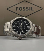 Cargar imagen en el visor de la galería, Reloj para hombre multifunción, esfera negra y pulsera de acero inoxidable plateado. Caja de 50 mm.