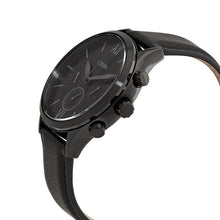 Cargar imagen en el visor de la galería, Reloj para hombre multifunción, esfera negra y correa de cuero negro. Caja de acero inoxidable negro de 44 mm.