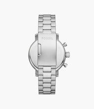 Cargar imagen en el visor de la galería, Reloj para hombre multifunción, esfera negra y pulsera de acero inoxidable plateado. Caja de 42 mm.