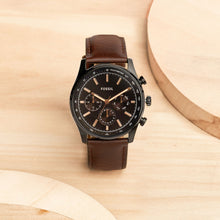 Cargar imagen en el visor de la galería, Reloj para hombre, color negro, acero inoxidable, con manilla de cuero color marrón. Case grande 44mm.