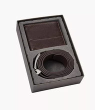 Cargar imagen en el visor de la galería, Set para regalo para hombre, billetera y cinturón de cuero, marca Fossil