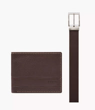 Cargar imagen en el visor de la galería, Set para regalo para hombre, billetera y cinturón de cuero, marca Fossil
