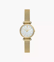 Cargar imagen en el visor de la galería, Reloj para mujer color gold, con elegante pulsera de malla tejida en acero inoxidable y dial blanco madre perla