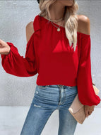 Blusa mangas largas, asimétrica con lazo en el hombro, color rojo