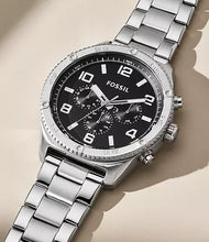 Cargar imagen en el visor de la galería, Reloj para hombre multifunción, esfera negra y pulsera de acero inoxidable plateado. Caja de 50 mm.
