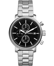 Cargar imagen en el visor de la galería, Reloj para hombre multifunción, esfera negra y pulsera de acero inoxidable plateado. Caja de 42 mm.
