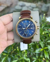 Cargar imagen en el visor de la galería, Reloj para hombre multifunción, esfera azul y correa de cuero marrón. Caja dorada de 43 mm.
