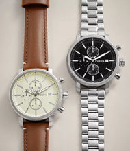 Cargar imagen en el visor de la galería, Reloj para hombre multifunción, esfera negra y pulsera de acero inoxidable plateado. Caja de 42 mm.
