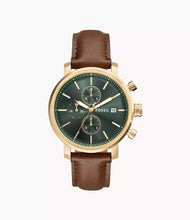 Cargar imagen en el visor de la galería, Reloj para hombre multifunción, esfera verde y correa de cuero marrón. Caja dorada de 43 mm.
