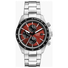 Cargar imagen en el visor de la galería, Reloj para hombre Fossil multifunción, esfera roja con detalles negros y pulsera de acero inoxidable plateado. Caja de 42 mm.
