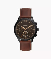 Reloj multifunción para hombre, color negro acero inoxidable y manilla de cuero marrón, case grande 44mm.