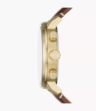 Cargar imagen en el visor de la galería, Reloj para hombre multifunción, esfera azul y correa de cuero marrón. Caja dorada de 43 mm.
