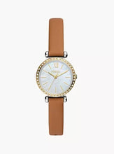 Cargar imagen en el visor de la galería, Reloj para mujer color rose gold, con correa de cuero color marrón y dial blanco madre perla
