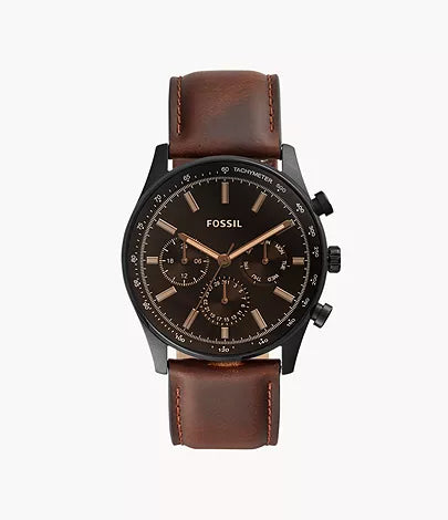 Reloj para hombre, color negro, acero inoxidable, con manilla de cuero color marrón. Case grande 44mm.