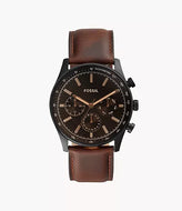Reloj para hombre, color negro, acero inoxidable, con manilla de cuero color marrón. Case grande 44mm.