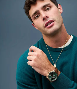 Reloj para hombre, color gold, acero inoxidable, con manilla de cuero marrón, case standard 42mm