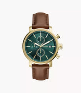 Reloj para hombre, color gold, acero inoxidable, con manilla de cuero marrón, case standard 42mm