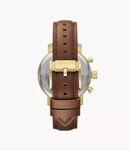 Reloj para hombre, color gold, acero inoxidable, con manilla de cuero marrón, case standard 42mm