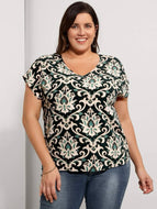 Blusa estampada, cuello en V, mangas cortas, talla plus 1XL