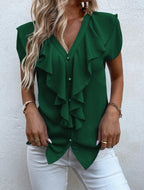 Blusa cuello en V con volados, color verde