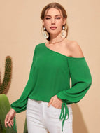 Blusa asimétrica un hombro descubierto, color verde talla S  (Shein Premium)