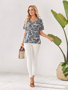 Blusa estampada color blanco azul pastel tallas M y XL  (Shein Premium)